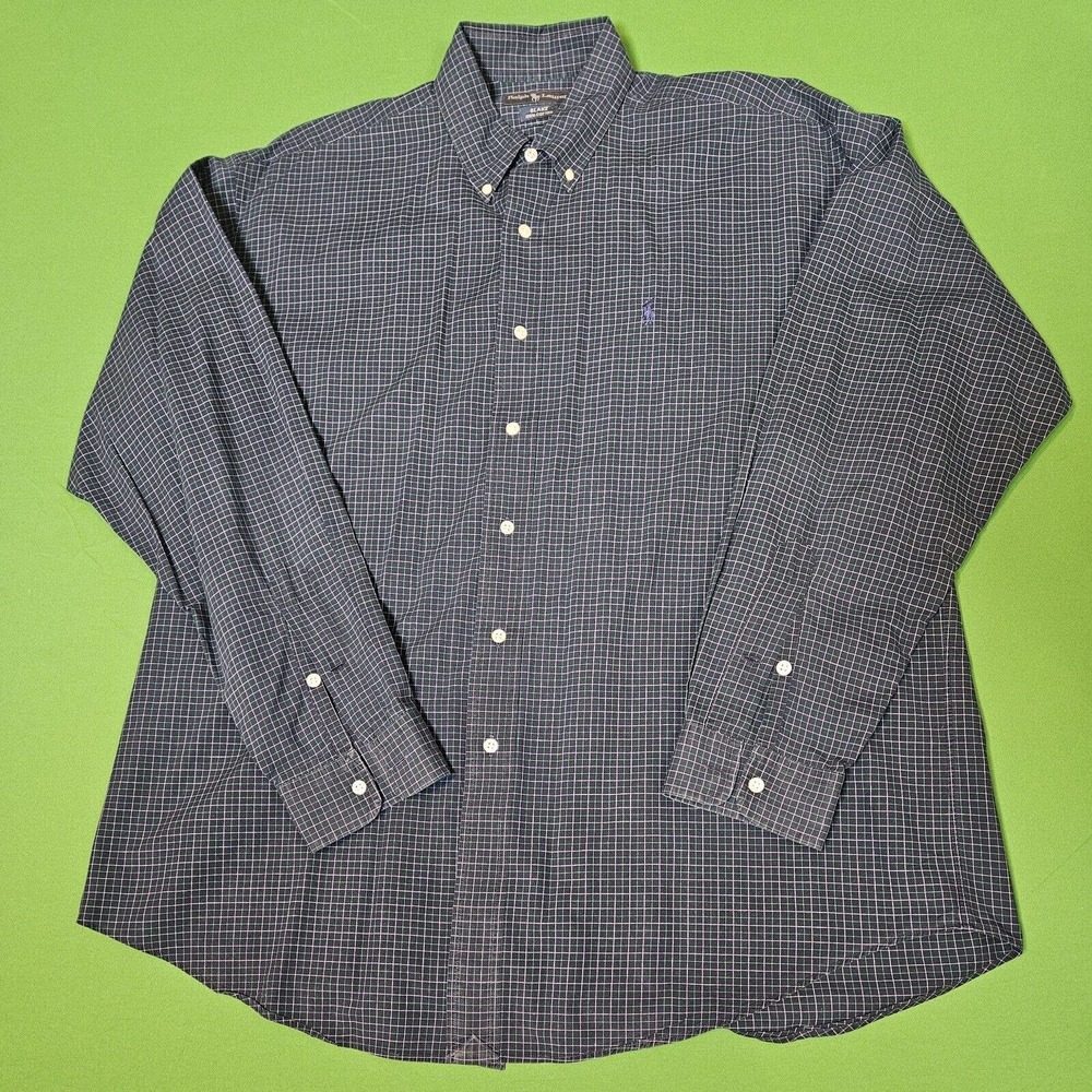 Ralph Lauren Button Down Shirt Blake Fit Mens Size Large Blue Check Long Sleeve